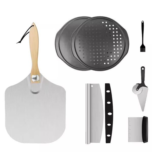 7-Piece Pizza Pan Set Pizza Spatula Aluminum Pizza Paddle with Rocker Cutter Scraper Pie Server Pizza Oven Accessories
