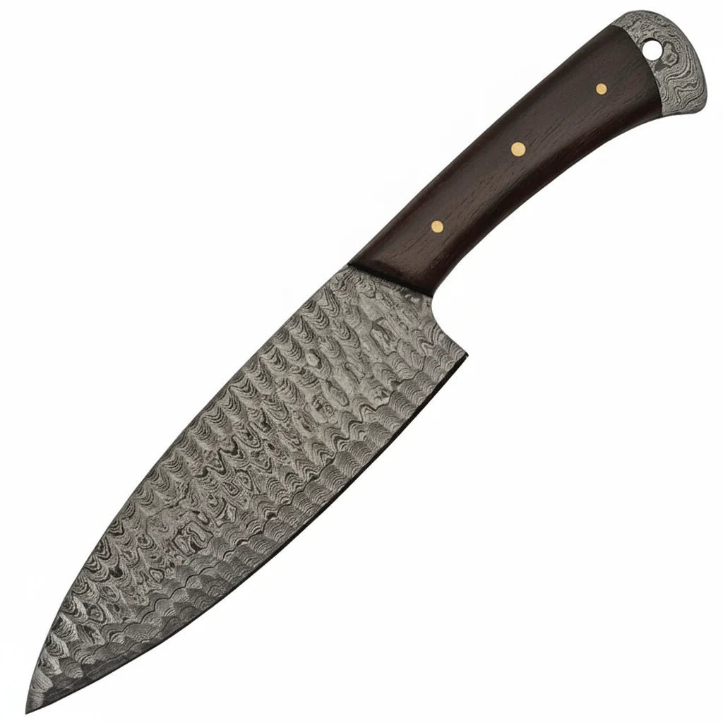 Damascus Steel Knife with Wood Handle. Full Tang. Lanyard Hole.