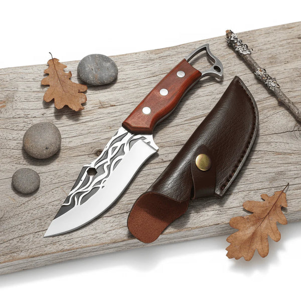 Sharp Edge Full Tang Fixed Blade Hunting Knife | Wooden Handle Outdoor Camping Knife with PU Leather Sheath