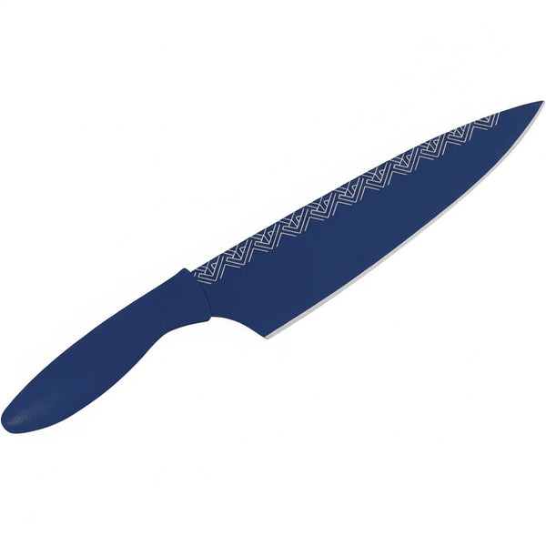 Black Coated Stainless Steel Knife. Navy Synthetic Handle