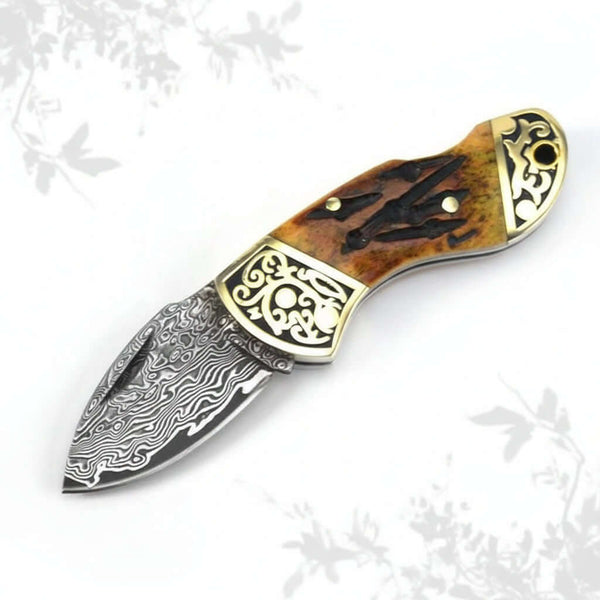Damascus Steel Folding Knife – Brown Bone & Brass Handle Pocket Knife for Men | EDC Gift Knife