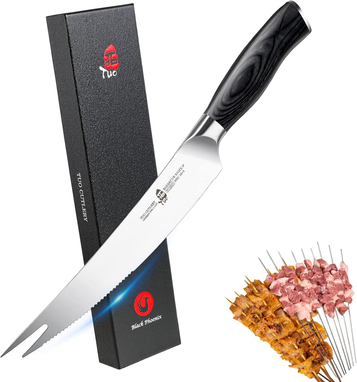 BBQ Knife, 8 Inch Roast Cutting Knife with Fork Tip for Grilled Meat Cutting, Serrated Edge, High Carbon German Steel, Comfortable Pakkawood Handle