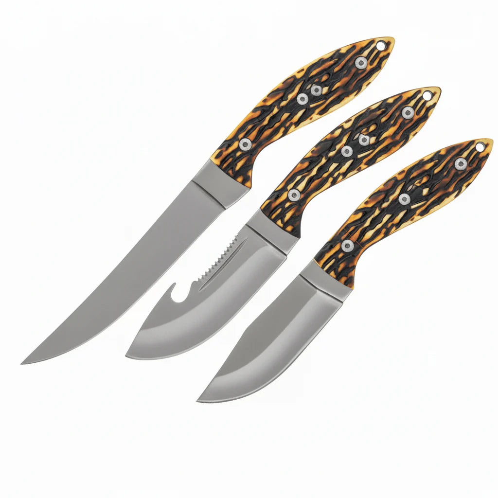 Satin Finish Stainless Knife Set. Staglon Handle. Full Tang