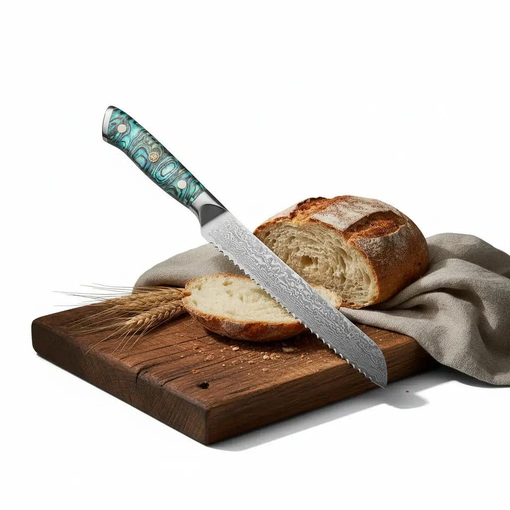 8 Inch Damascus Bread Knife 67-Layer Steel, Abalone Shell Handle