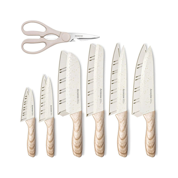 Knife Set, 13 Pieces Kitchen Knives Set with Ceramic Coating, Stainless Steel Chef Knife Sets with 6 Blade Guards, Dishwasher Safe Knives with Wooden Handle, White