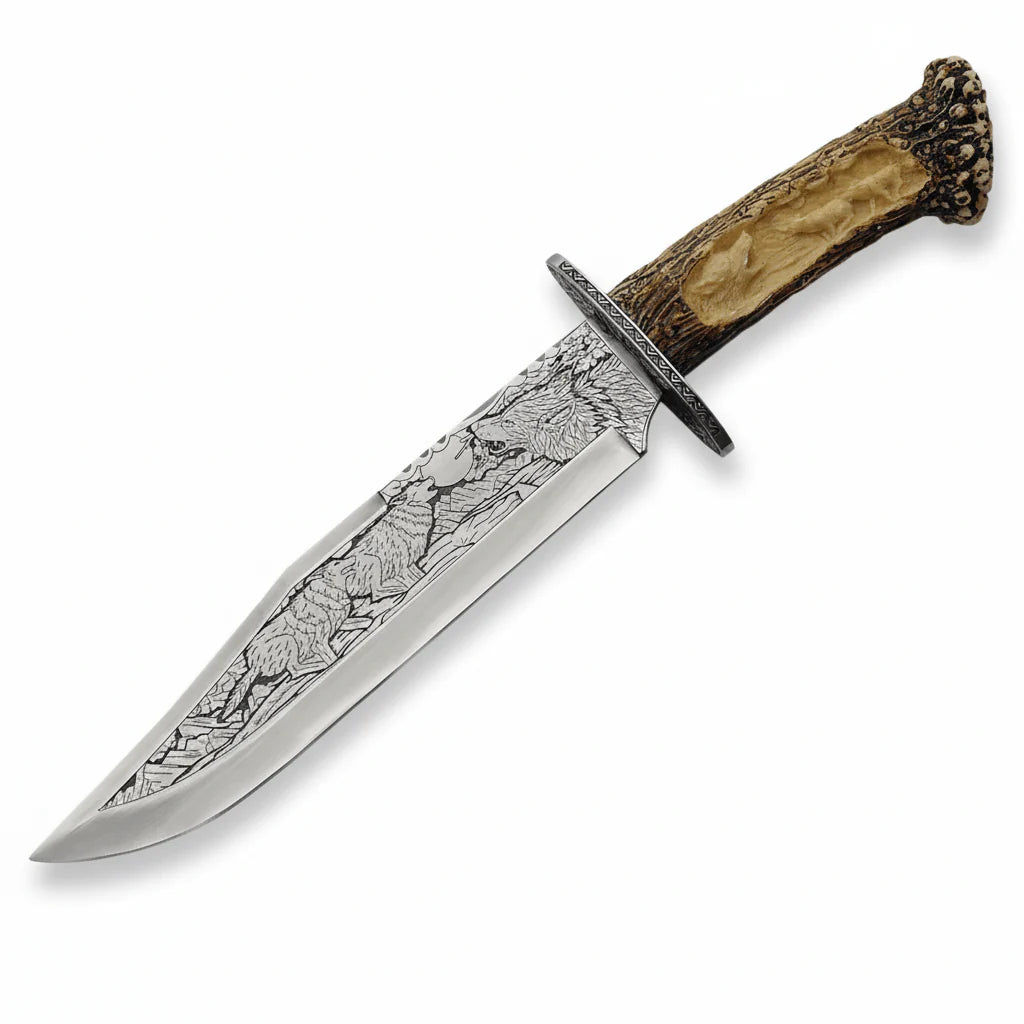 Wolf Artwork Hunting Knife Imitation Stag Handle Stainless Guard