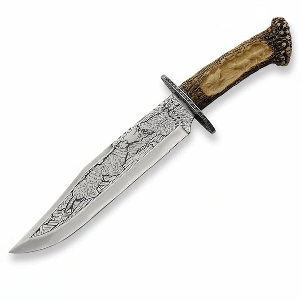 Wolf Artwork Hunting Knife Imitation Stag Handle Stainless Guard