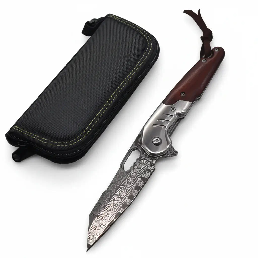 Damascus Steel Folding Knife Rosewood+Steel Handle Ball Bearing