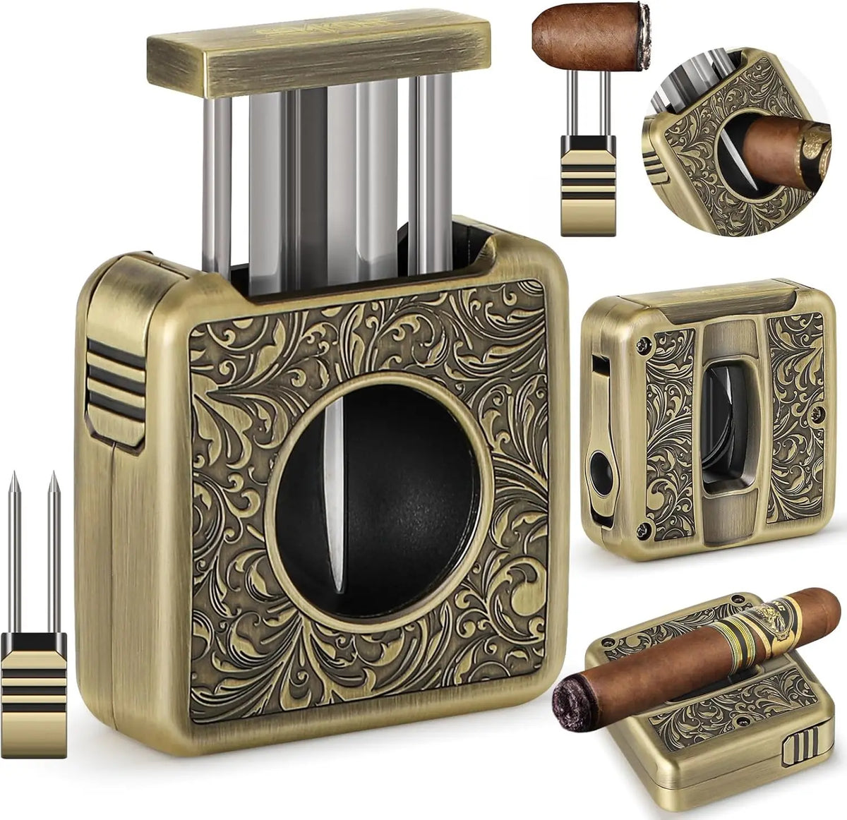 Cigar Cutter,4 in 1 Multifunction V Cut Cutter with Cigar Punch,Cigar Holder & Twin Nubber,Suitable for Max 60 Ring Gauge Cigars