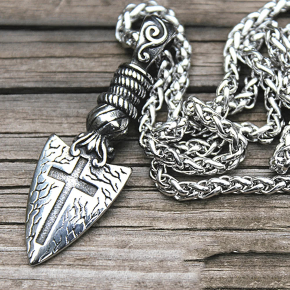 Men'S Hip Hop Arrow Shield Cross Pendant Necklace - Retro Celtic Rune Punk Design - Stainless Steel - Men'S
