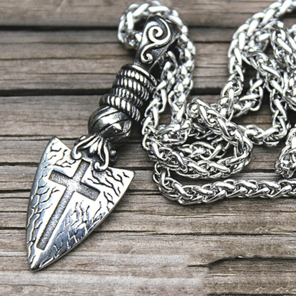 Men'S Hip Hop Arrow Shield Cross Pendant Necklace - Retro Celtic Rune Punk Design - Stainless Steel - Men'S