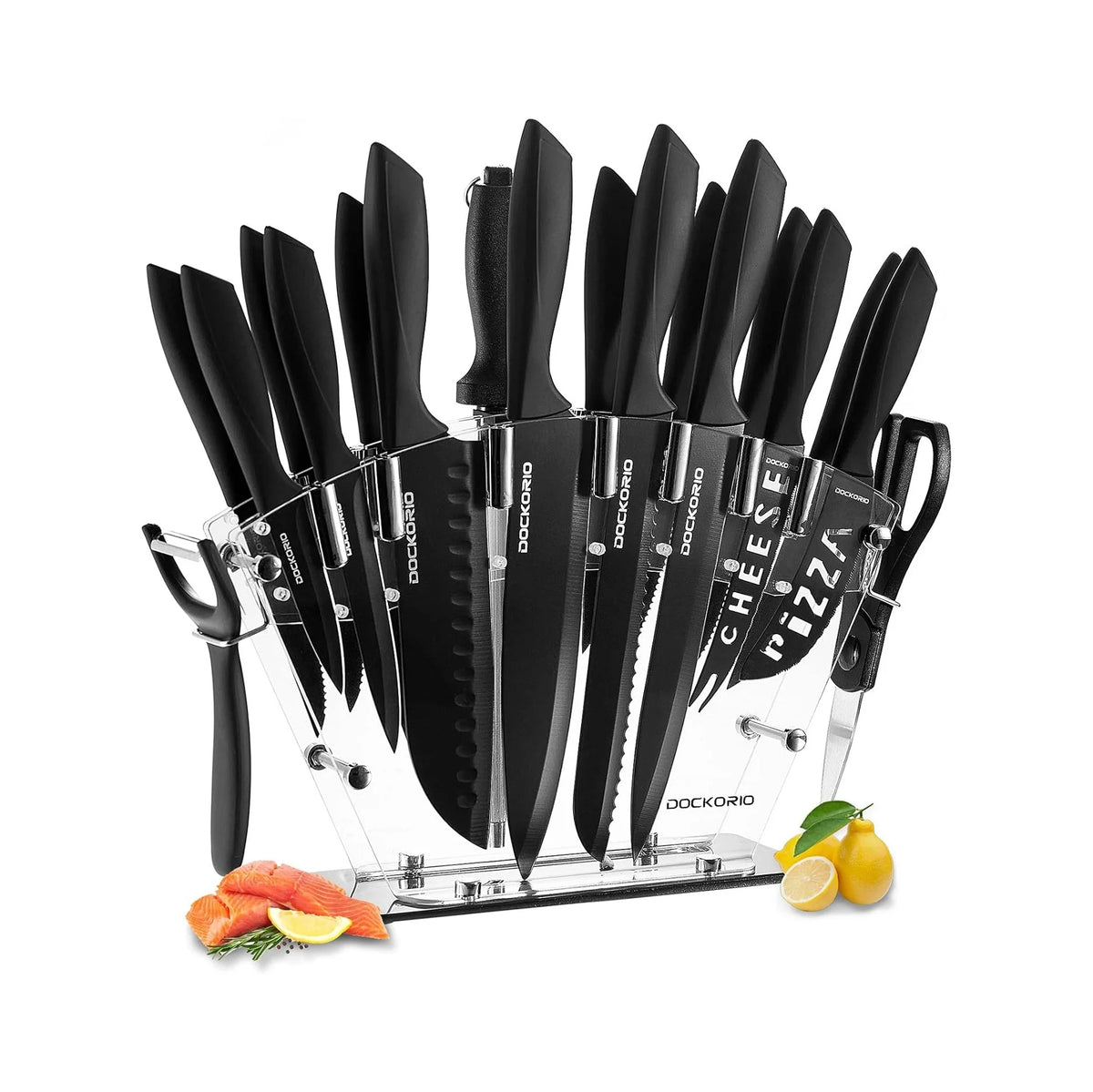 Kitchen Knife Set with Block, 19 PCS High Carbon Stainless Steel Sharp Includes Serrated Steak Knives Set, Chef Knives, Bread Knife, Scissor, Sharpener, All in One