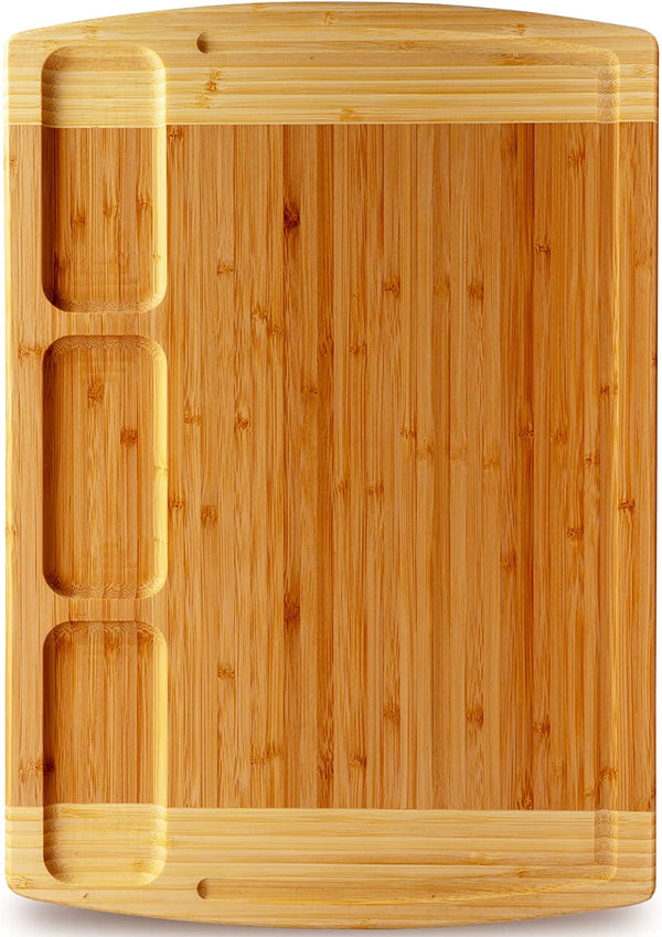Organic Bamboo Cutting Board for Kitchen with Built-In Compartments and Juice Groove - Wooden Chopping Board for Meat, Cheese Charcuterie Board with Handles, (XXL, 20 X 14 Inch)