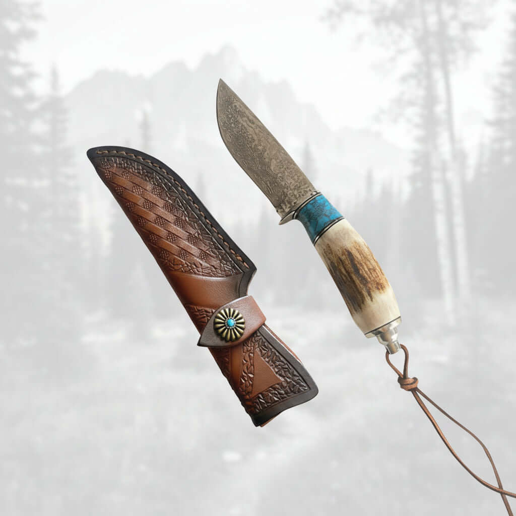Damascus Steel Straight Knife – Antler & Turquoise Handle Outdoor Knife for Men | Gift Knife