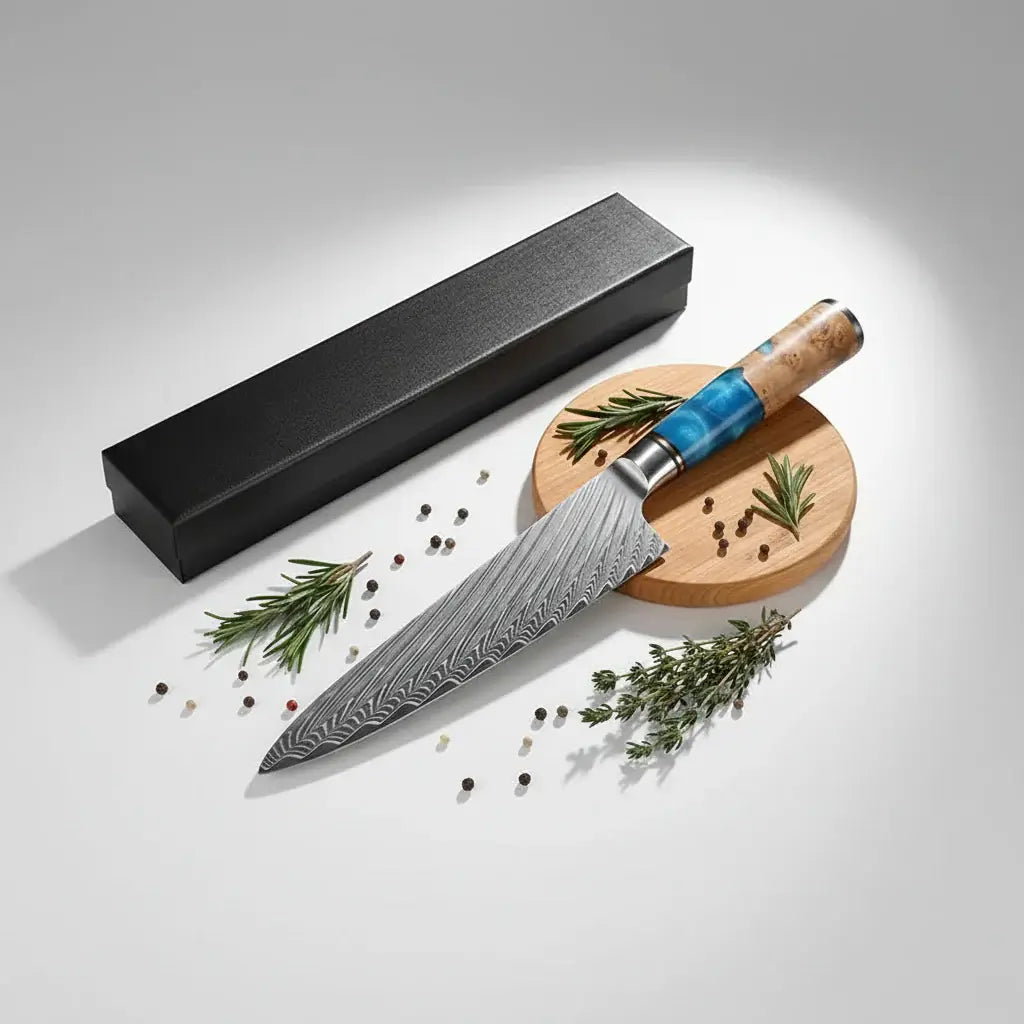 Damascus Chef Knife with Blue Resin Handle