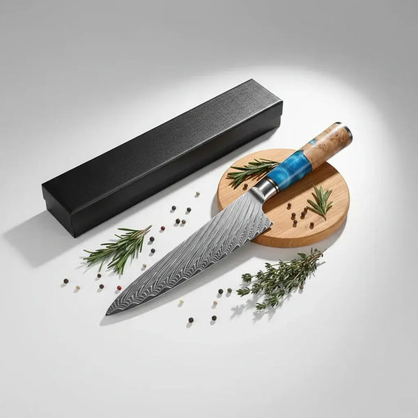 Damascus Chef Knife with Blue Resin Handle