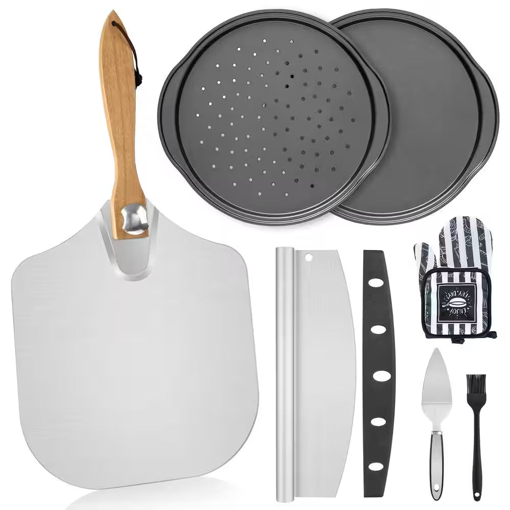 Foldable 7-Piece Wood Pizza Peel Set, Rocker Cutter Oven Mitts Brush Aluminum, Homemade Accessories Server Set